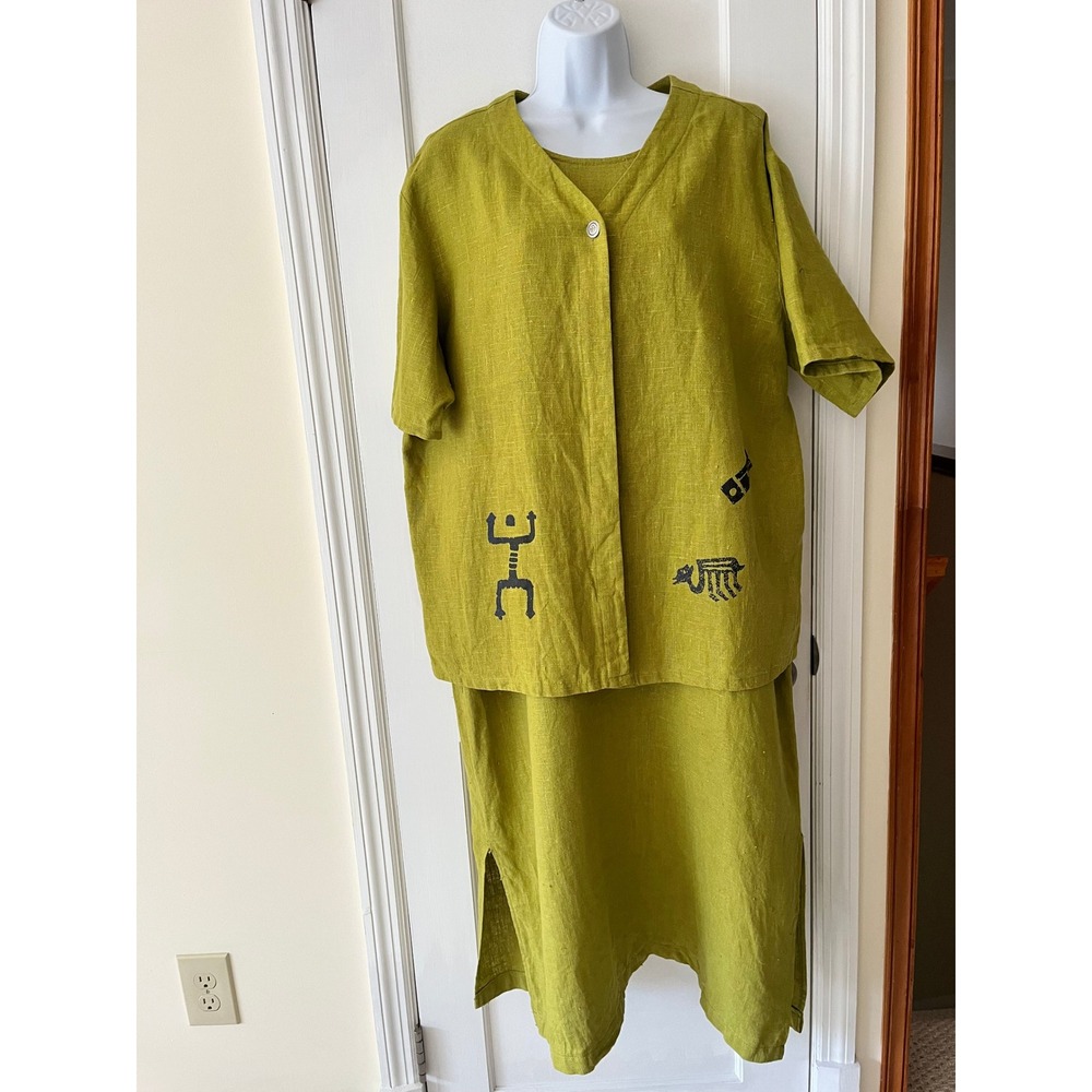 100% Linen 2 Piece Dress & Jacket Top Set 18 Lithuanian Green Lagenlook Boho